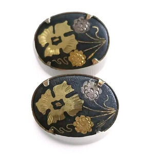 Vintage Clip On Earrings Women's Round Damascene Flower Gold Tone
